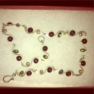 Pearl, garnet, semi-precious green stone necklace